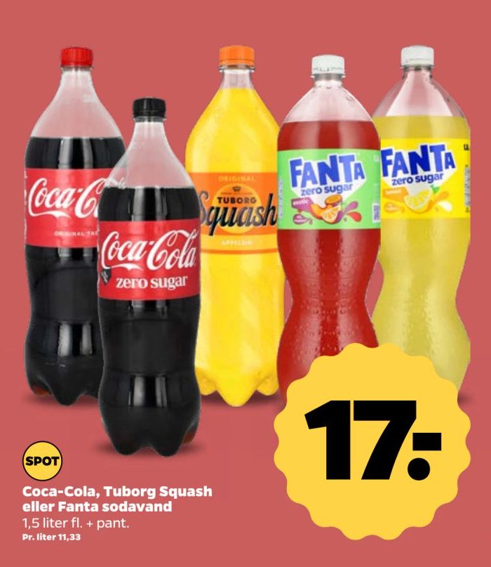 Coca-Cola, Tuborg Squash eller Fanta sodavand 1,5 liter fl. + pant. – Netto