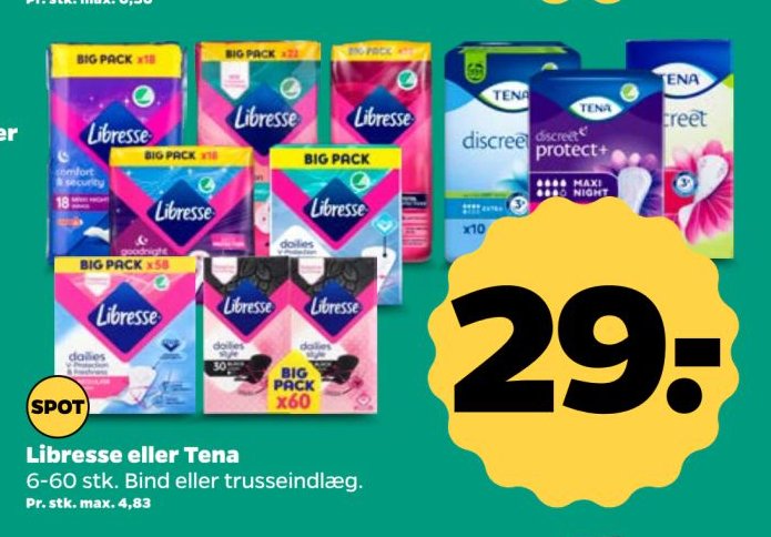 Libresse eller Tena 6-60 stk. Bind eller trusseindlæg. – Netto