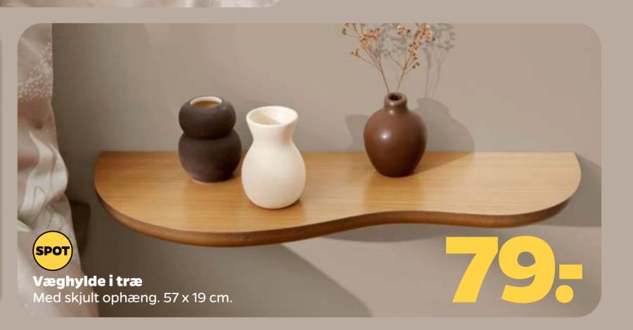 Væghylde i træ Med skjult ophæng. 57 x 19 cm. – Netto
