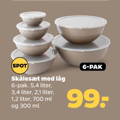 Skålesæt med låg 6-pak. 5,4 liter, 3,4 liter, 2,1 liter, 1,2 liter, 700 ml og 300 ml. – Netto