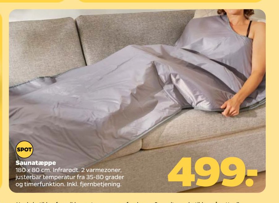 Saunatæppe 180 x 80 cm. Infrarødt. 2 varmezoner, justerbar temperatur fra 35-80 grader og timerfunktion. Inkl. fjernbetjening. – Netto