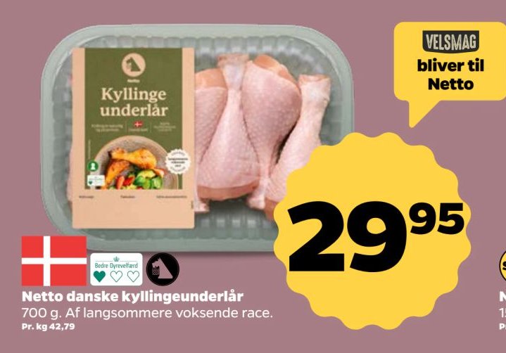 Netto danske kyllingeunderlår 700 g. Af langsommere voksende race. – Netto