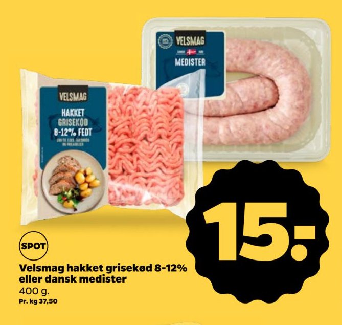 Velsmag hakket grisekød 8-12% eller dansk medister 400 g – Netto