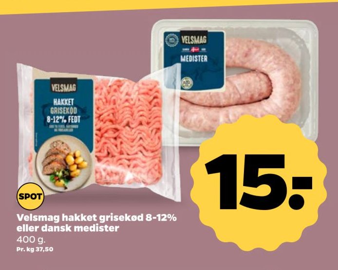 Velsmag hakket grisekød 8-12% eller dansk medister 400 g – Netto
