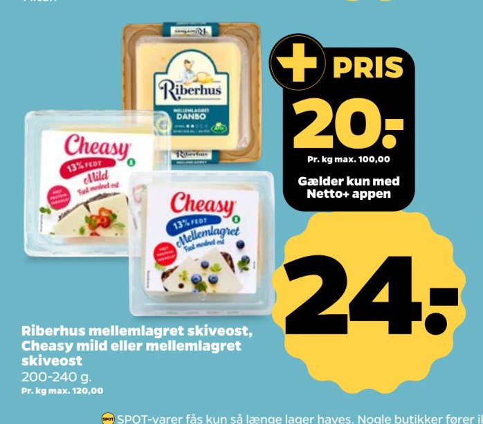 Riberhus mellemlagret skiveost, Cheasy mild eller mellemlagret skiveost 200-240 g. – Netto