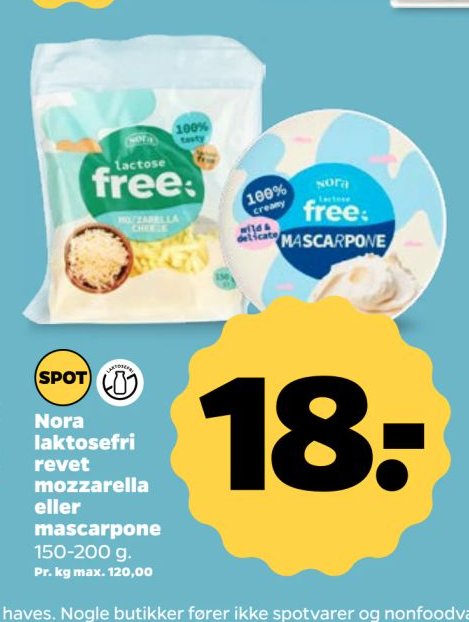 Nora laktosefri revet mozzarella eller mascarpone 150-200 g. – Netto