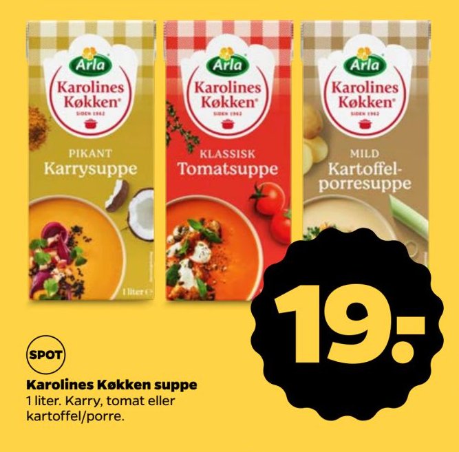 Karolines Køkken suppe 1 liter. Karry, tomat eller kartoffel/porre. – Netto