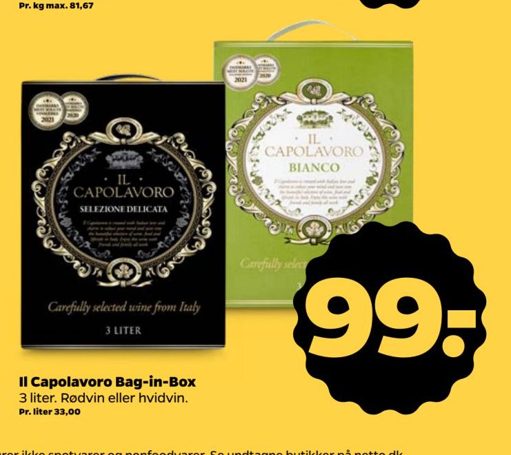 Il Capolavoro Bag-in-Box 3 liter. Rødvin eller hvidvin. – Netto
