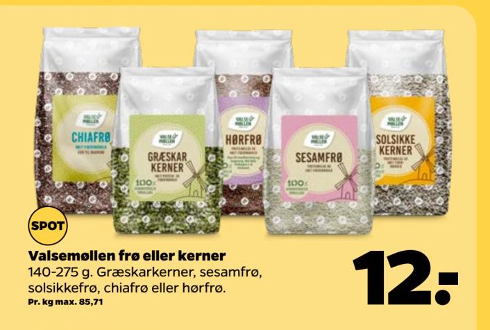 Valsemøllen frø eller kerner 140-275 g. Græskarkerner, sesamfrø, solsikkefrø, chiafrø eller hørfrø. – Netto