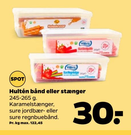 Hultén bånd eller stænger 245-265 g. Karamelstænger, sure jordbær- eller sure regnbuebånd. – Netto