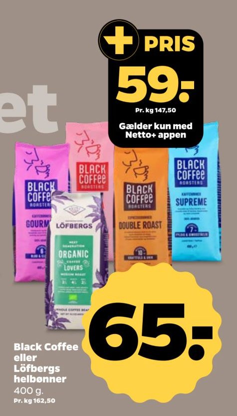Black Coffee eller Löfbergs helbønner 400 g. – Netto