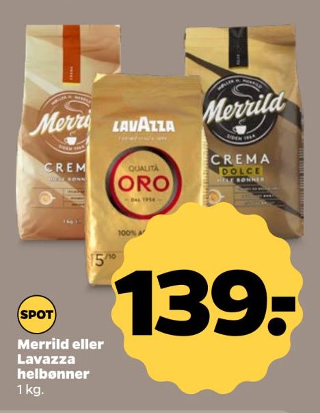 Merrild eller Lavazza helbønner 1 kg. – Netto