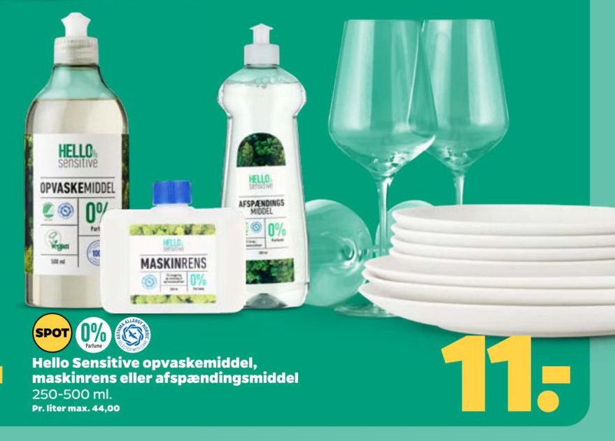 Hello Sensitive opvaskemiddel, maskinrens eller afspændingsmiddel 250-500 ml. – Netto