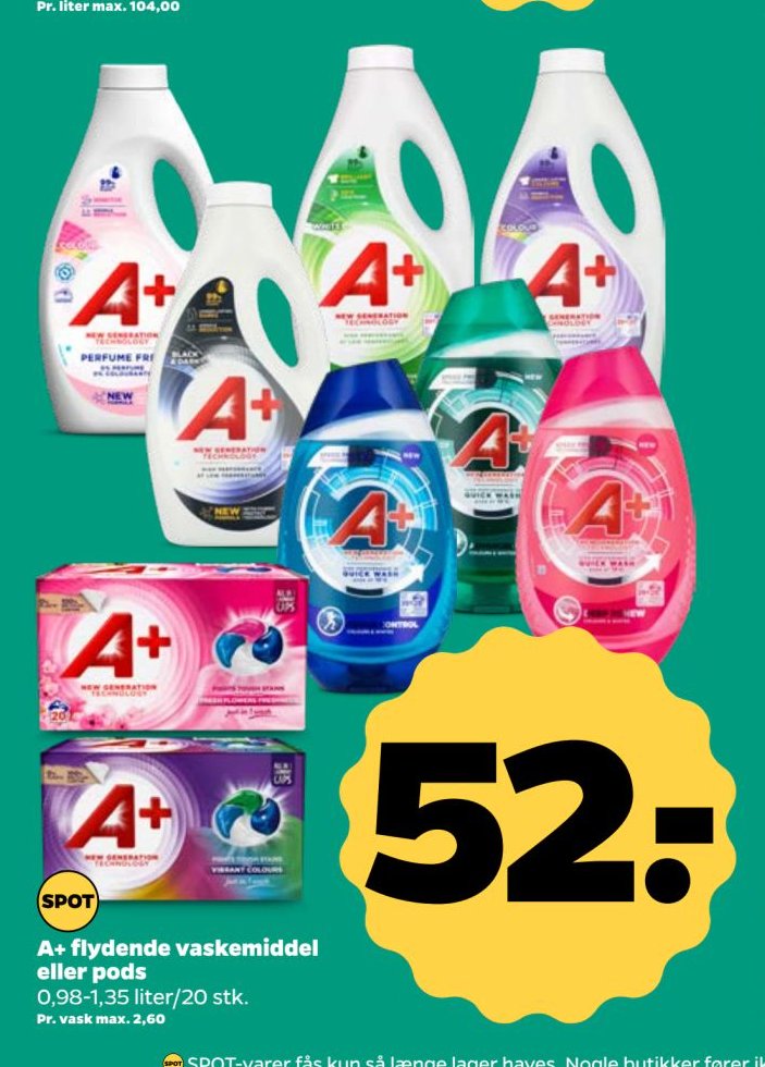 A+ flydende vaskemiddel eller pods 0,98-1,35 liter/20 stk. – Netto