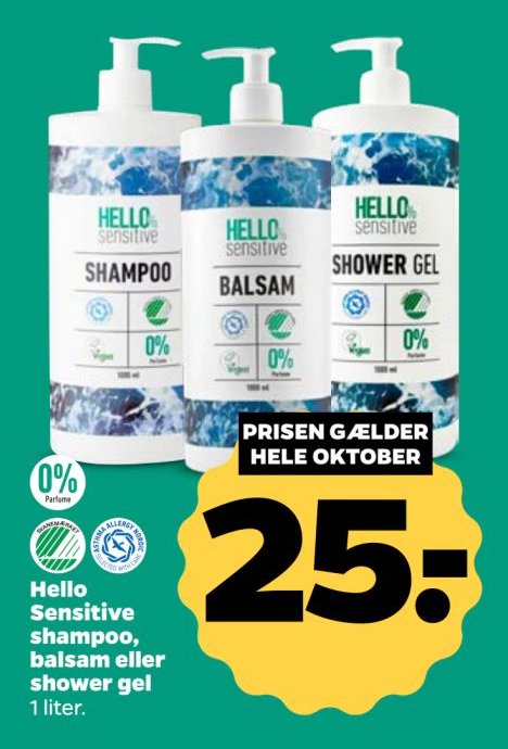 Hello Sensitive shampoo, balsam eller shower gel 1 liter – Netto