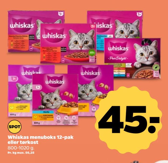 Whiskas menuboks 12-pak eller tørkost 800-1020 g. – Netto