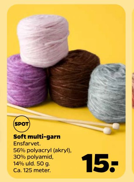 Soft multi-garn Ensfarvet. 56% polyacryl (akryl), 30% polyamid, 14% uld. 50 g. Ca. 125 meter. – Netto