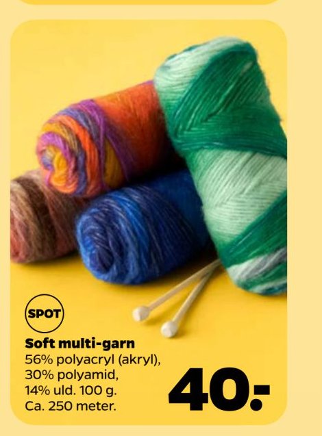 Soft multi-garn 56% polyacryl (akryl), 30% polyamid, 14% uld. 100 g. Ca. 250 meter. – Netto