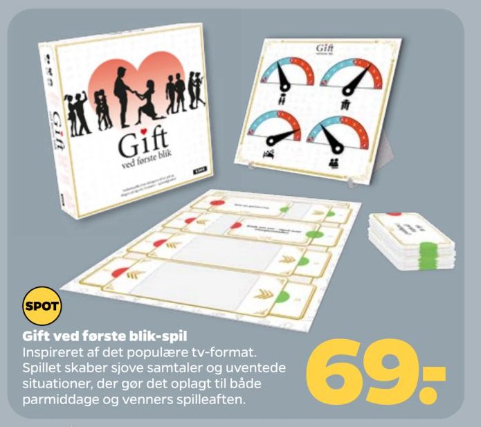 Gift ved første blik-spil Inspireret af det populære tv-format. Spillet skaber sjove samtaler og uventede situationer, der gør det oplagt til både parmiddage og venners spilleaften. – Netto