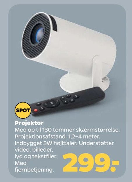 Projektor Med op til 130 tommer skærmstørrelse. Projektionsafstand: 1,2-4 meter. Indbygget 3W højttaler. Understøtter video, billeder, lyd og tekstfiler. Med fjernbetjening. – Netto