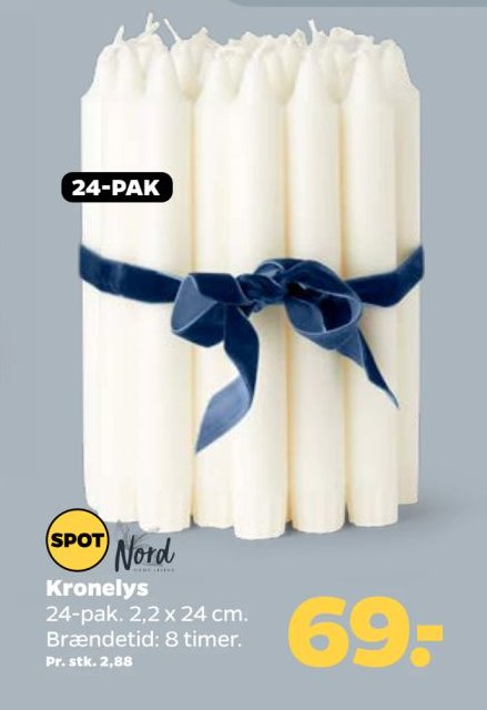 Kronelys 24-pak, 2.2 x 24 cm. Brændetid: 8 timer. – Netto