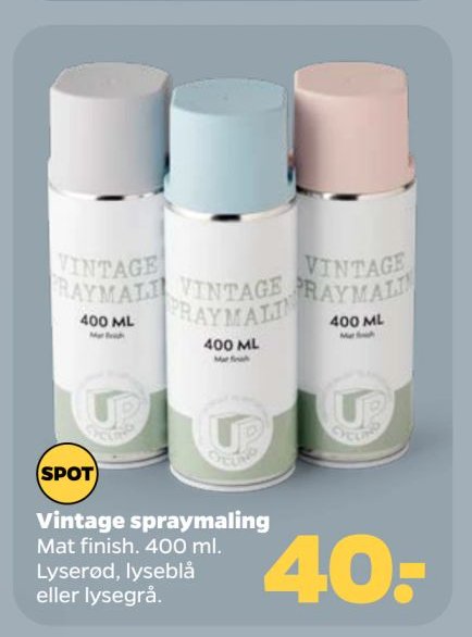 Vintage spraymaling Mat finish. 400 ml. Lyserød, lyseblå eller lysegrå. – Netto