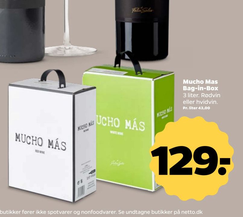 Mucho Mas Bag-in-Box 3 liter. Rødvin eller hvidvin. – Netto