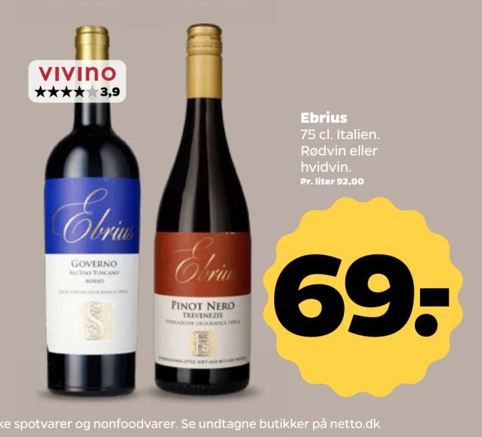 Ebrius 75 cl. Italien. Rødvin eller hvidvin. – Netto