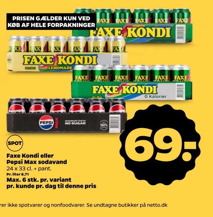 Faxe Kondi eller Pepsi Max sodavand – Netto