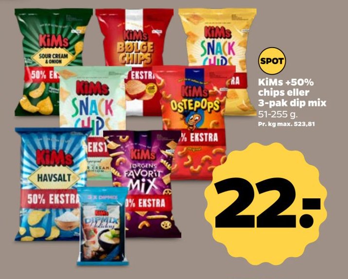 KiMs +50% chips eller 3-pak dip mix – Netto