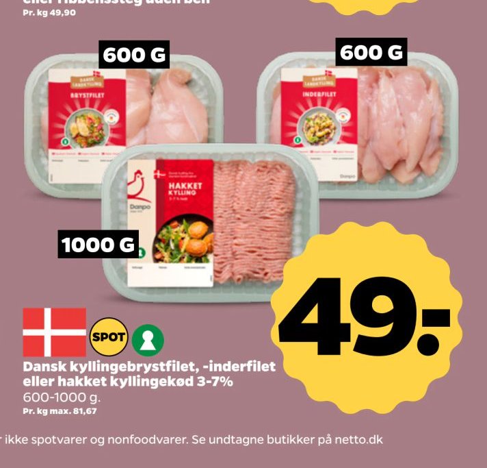 Dansk kyllingebrystfilet, -inderfilet eller hakket kyllingekød 3-7% – Netto