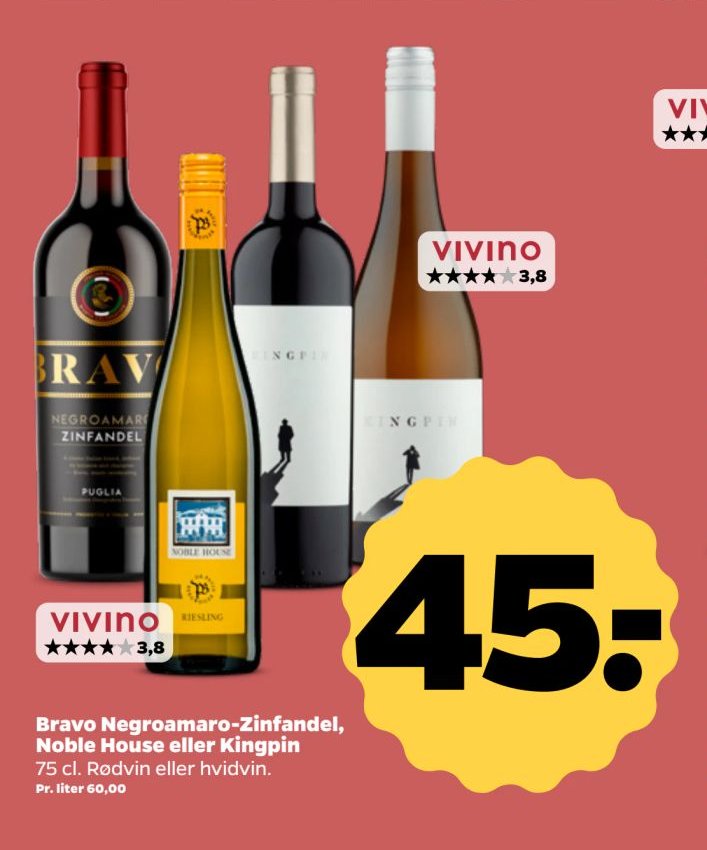 Bravo Negroamaro-Zinfandel, Noble House eller Kingpin – Netto