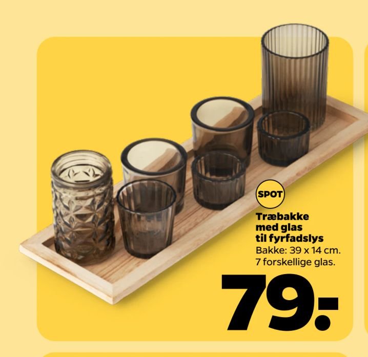 Træbakke med glas til fyrfadslys – Netto