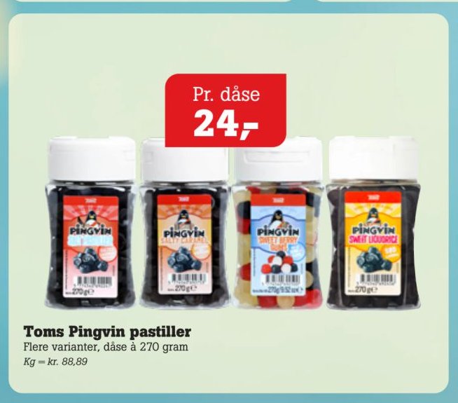 Toms Pingvin pastiller Flere varianter, dåse à 270 gram – Pøtzsch