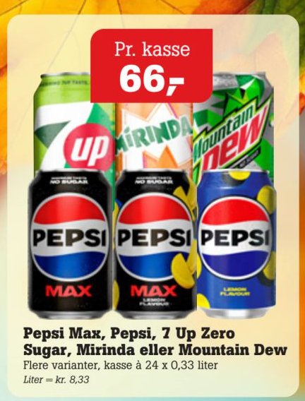 Pepsi Max, Pepsi, 7 Up Zero Sugar, Mirinda eller Mountain Dew Flere varianter, kasse à 24 x 0,33 liter – Pøtzsch