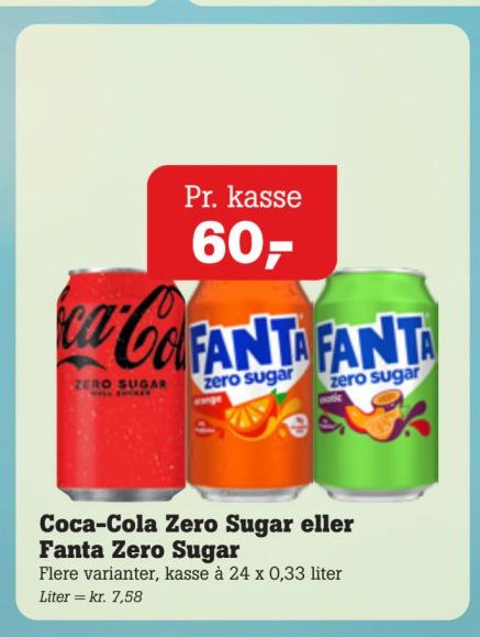 Coca-Cola Zero Sugar eller Fanta Zero Sugar Flere varianter, kasse à 24 x 0,33 liter – Pøtzsch