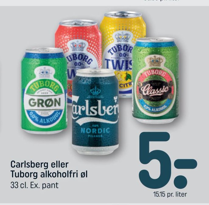 Carlsberg eller Tuborg alkoholfri øl 33 cl. Ex. pant – Rema 1000