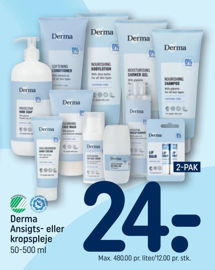 Derma Ansigts- eller kropspleje 50-500 ml – Rema 1000