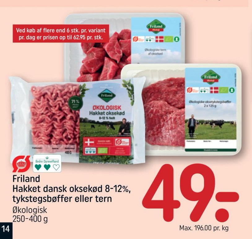 Friland Hakket dansk oksekød 8-12%, tykstegsbøffer eller tern Økologisk 250-400 g – Rema 1000