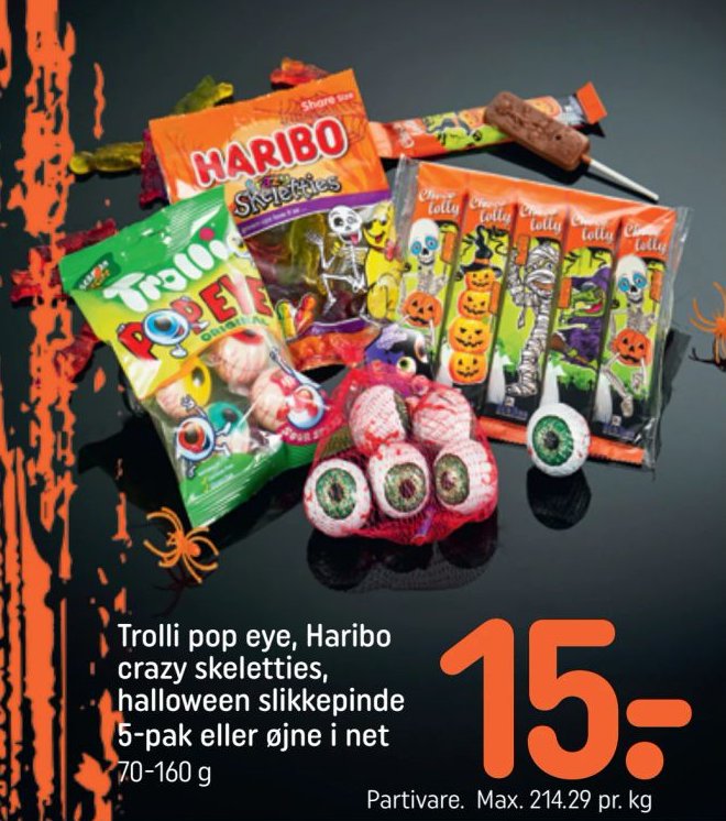 Trolli pop eye, Haribo crazy skeletties, halloween slikke pinde 5-pak eller øjne i net 70-160 g – Rema 1000