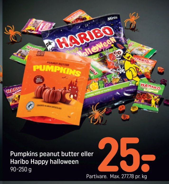 Pumpkins peanut butter eller Haribo Happy halloween 90-250 g – Rema 1000