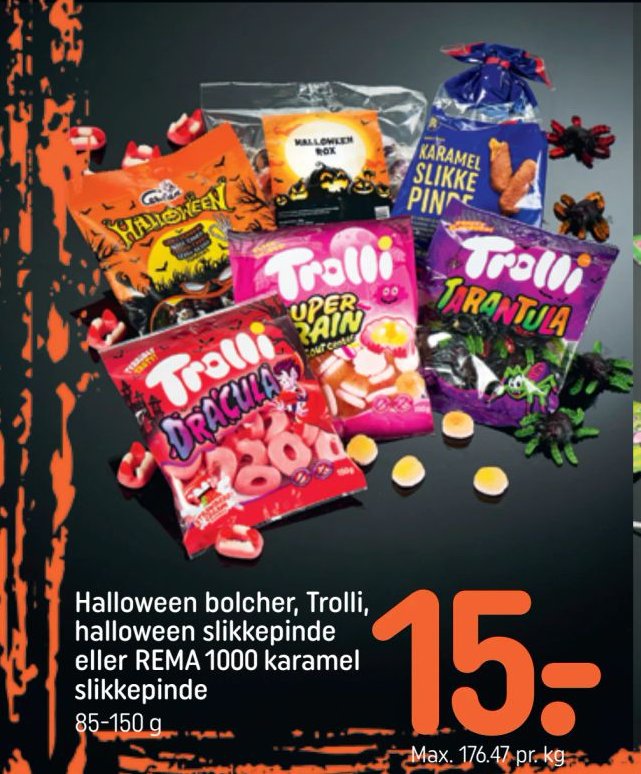 Halloween bolcher, Trolli, halloween slikke pinde eller REMA 1000 karamel slikke pinde 85-150 g – Rema 1000