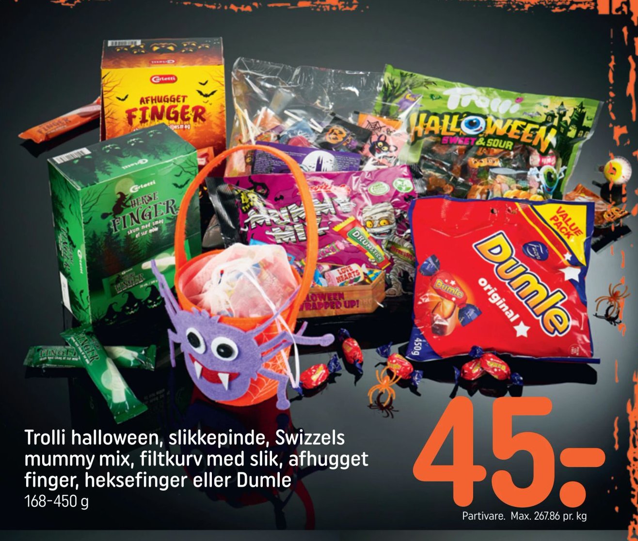 Trolli halloween, slikpinde, Swizzels mummy mix, filtkurv med slik, afhugget finger, heksefinger eller Dumle 168-450 g – Rema 1000