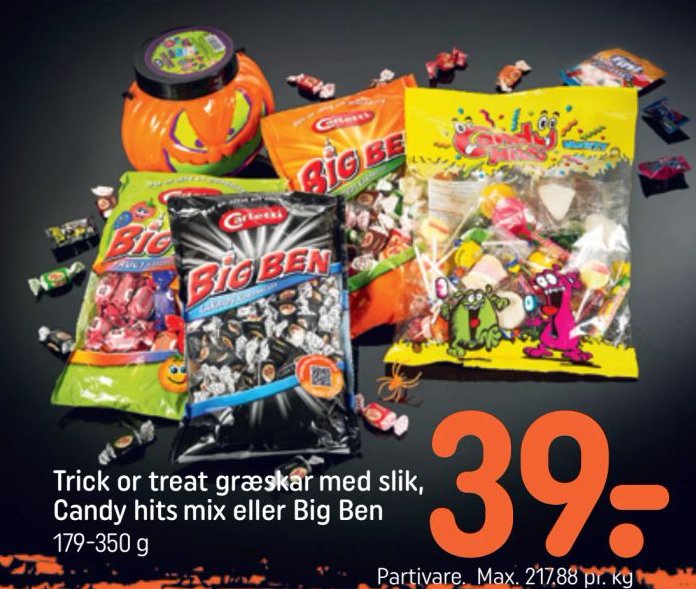 Trick or treat græskar med slik, Candy hits mix eller Big Ben 179-350 g – Rema 1000