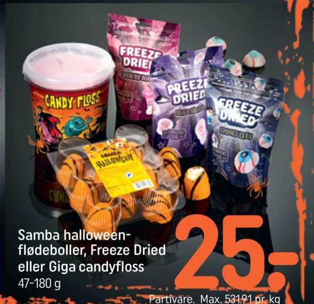 Samba halloween-flødeboller, Freeze Dried eller Giga candyfloss 47-180 g – Rema 1000