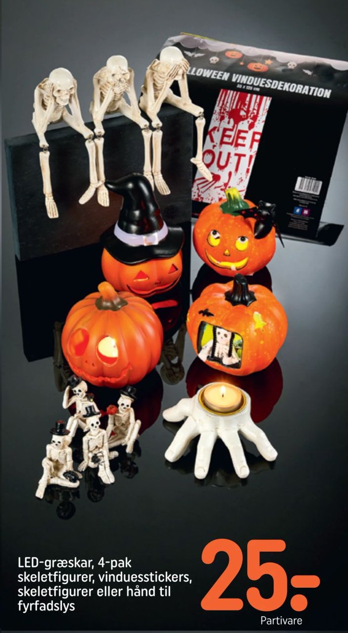 LED-græskar, 4-pak skeletfigurer, vinduesstickers, skeletfigurer eller hånd til fyrfadslys – Rema 1000