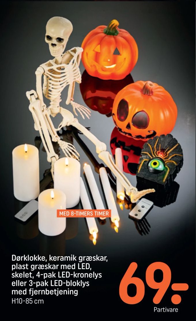 Dørklokke, keramik græskar, plast græskar med LED, skelet, 4-pak LED-kronelys eller 3-pak LED-bloklys med fjernbetjening H10-85 cm – Rema 1000