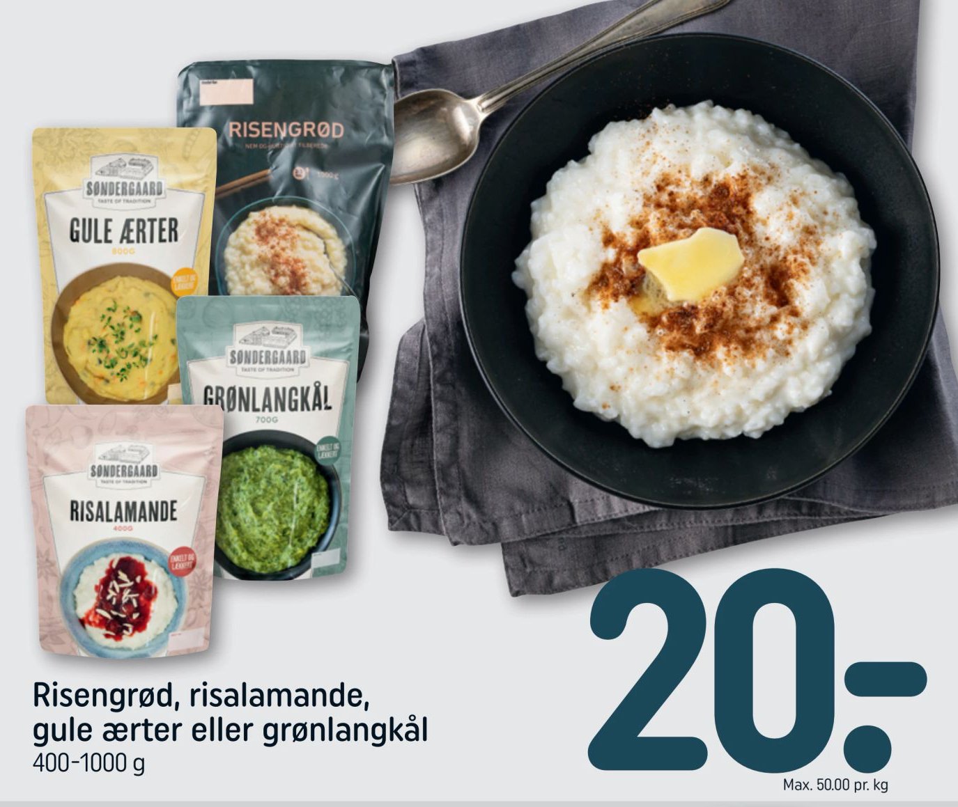 Risengrød, risalamande, gule ærter eller grønlangkål 400-1000 g – Rema 1000