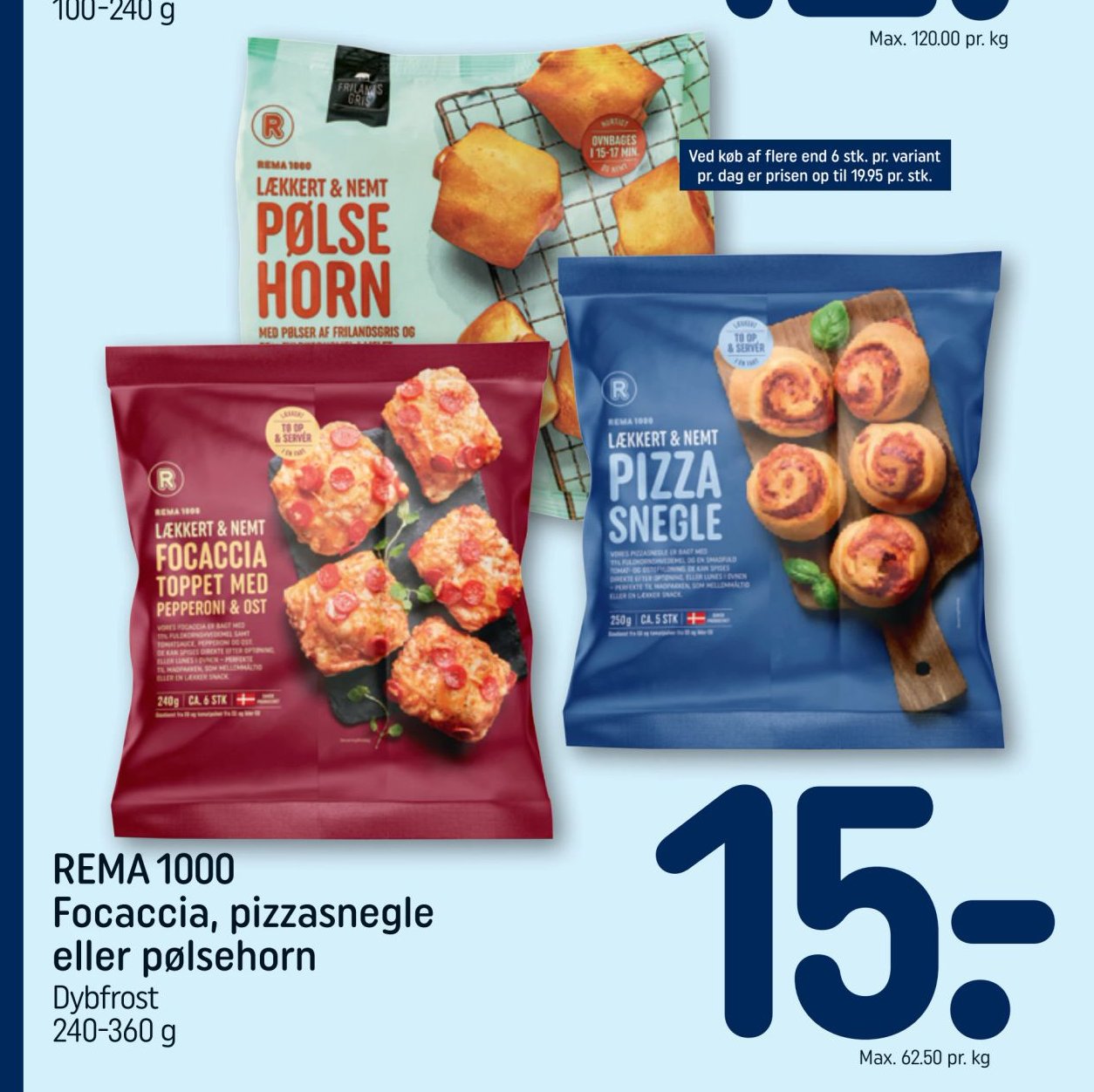 REMA 1000 Focaccia, pizzasnegle eller pølsehorn Dybfrost 240-360 g – Rema 1000