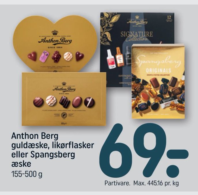 Anthon Berg guldæske, likørflasker eller Spangsberg æske 155-500 g – Rema 1000
